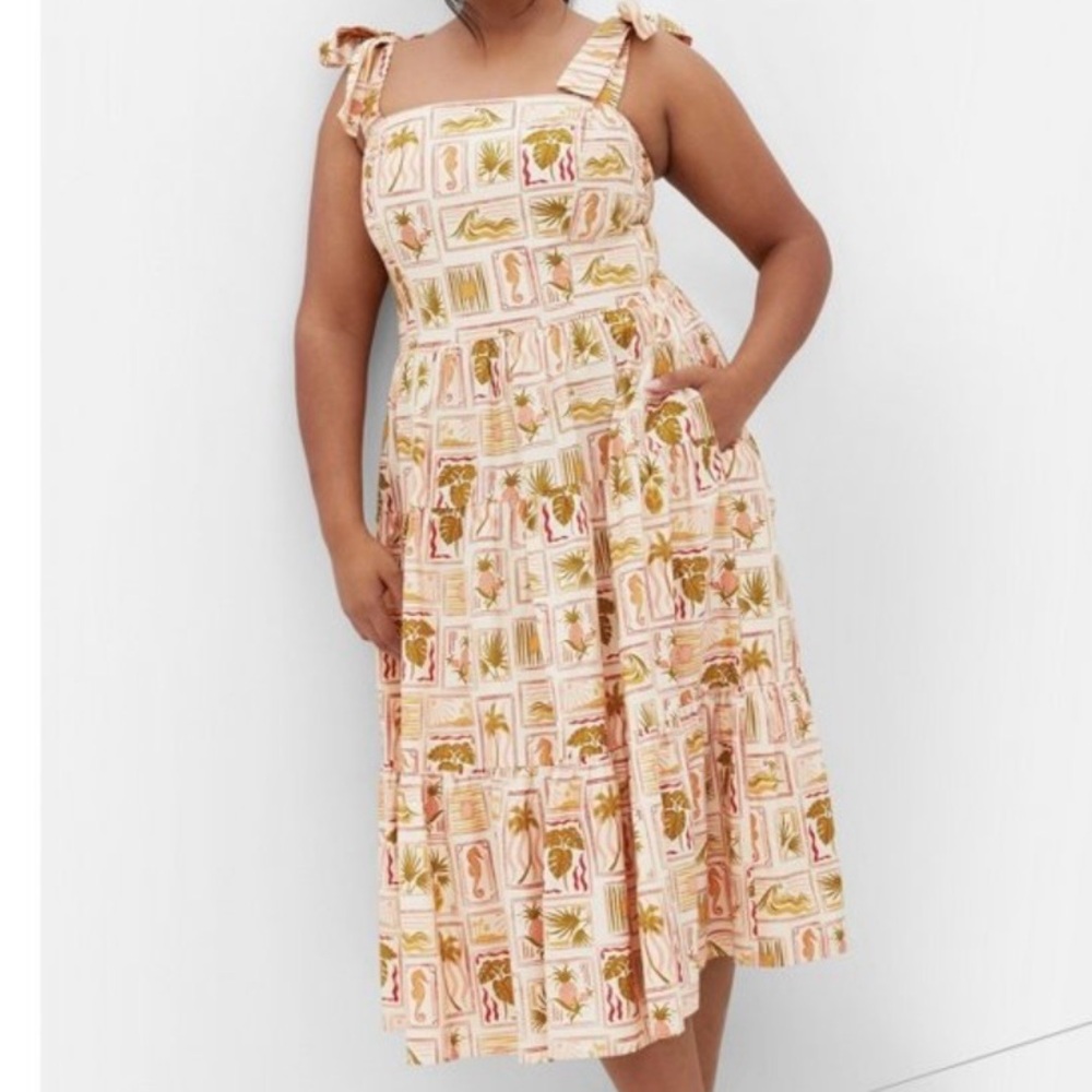 NWT City Chic Leila‎ Print Tie Strap Midi Dress 20W Plus Size Smocked Pockets